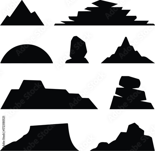 Mountain Hill and Rock Silhouette Icon Set Nature Landscape Rock and Mountain Vector Silhouettes