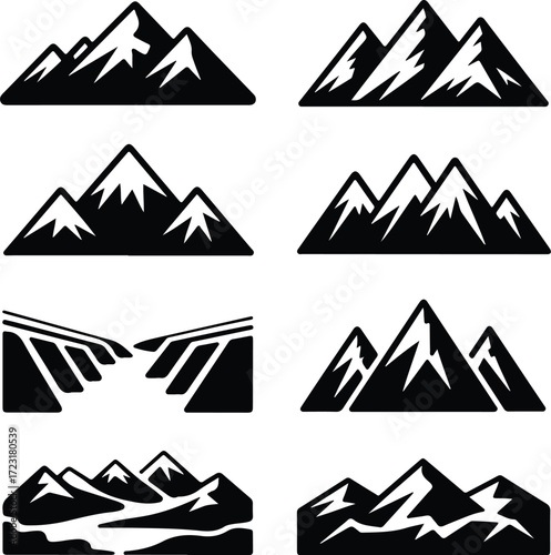 Mountain Hill and Rock Silhouette Icon Set Nature Landscape Rock and Mountain Vector Silhouettes