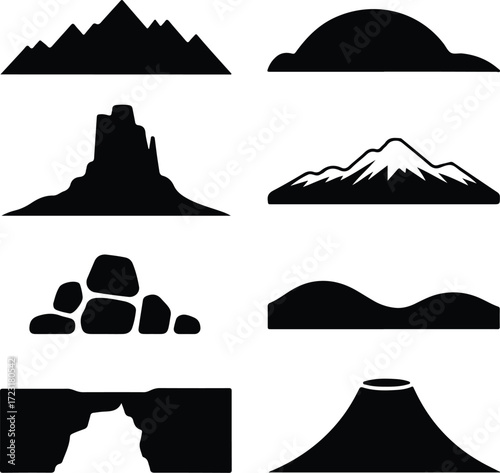 Mountain Hill and Rock Silhouette Icon Set Nature Landscape Rock and Mountain Vector Silhouettes