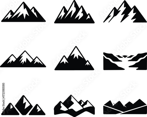 Mountain Hill and Rock Silhouette Icon Set Nature Landscape Rock and Mountain Vector Silhouettes