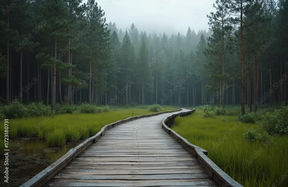 Obraz premium Wooden boardwalk winds through dense forest, green grass. Scenic trail path through. Pathway ideal for hiking, eco-tourism. Tranquil nature background with trees. Beautiful landscape with unique wood