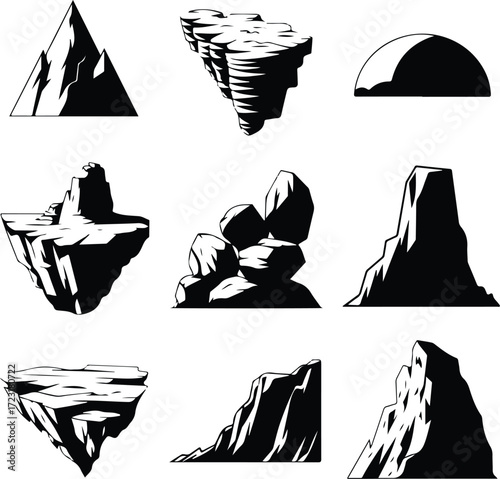 Mountain Hill and Rock Silhouette Icon Set Nature Landscape Rock and Mountain Vector Silhouettes