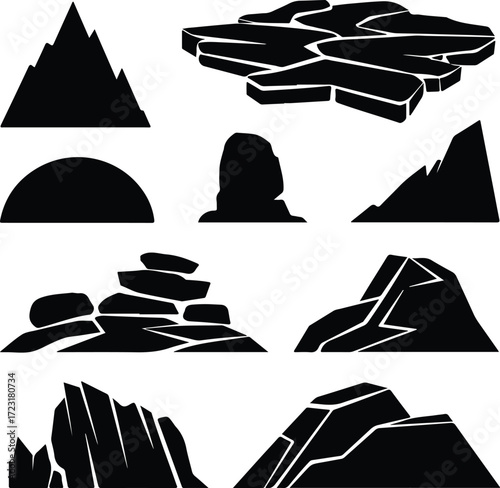 Mountain Hill and Rock Silhouette Icon Set Nature Landscape Rock and Mountain Vector Silhouettes