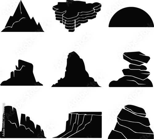 Mountain Hill and Rock Silhouette Icon Set Nature Landscape Rock and Mountain Vector Silhouettes