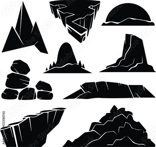 Mountain Hill and Rock Silhouette Icon Set Nature Landscape Rock and Mountain Vector Silhouettes