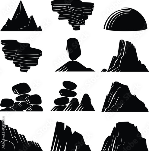 Mountain Hill and Rock Silhouette Icon Set Nature Landscape Rock and Mountain Vector Silhouettes