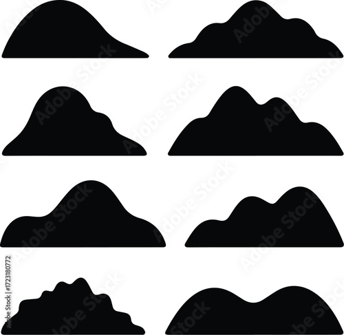 Mountain Hill and Rock Silhouette Icon Set Nature Landscape Rock and Mountain Vector Silhouettes