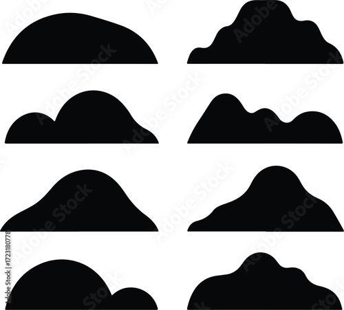 Mountain Hill and Rock Silhouette Icon Set Nature Landscape Rock and Mountain Vector Silhouettes