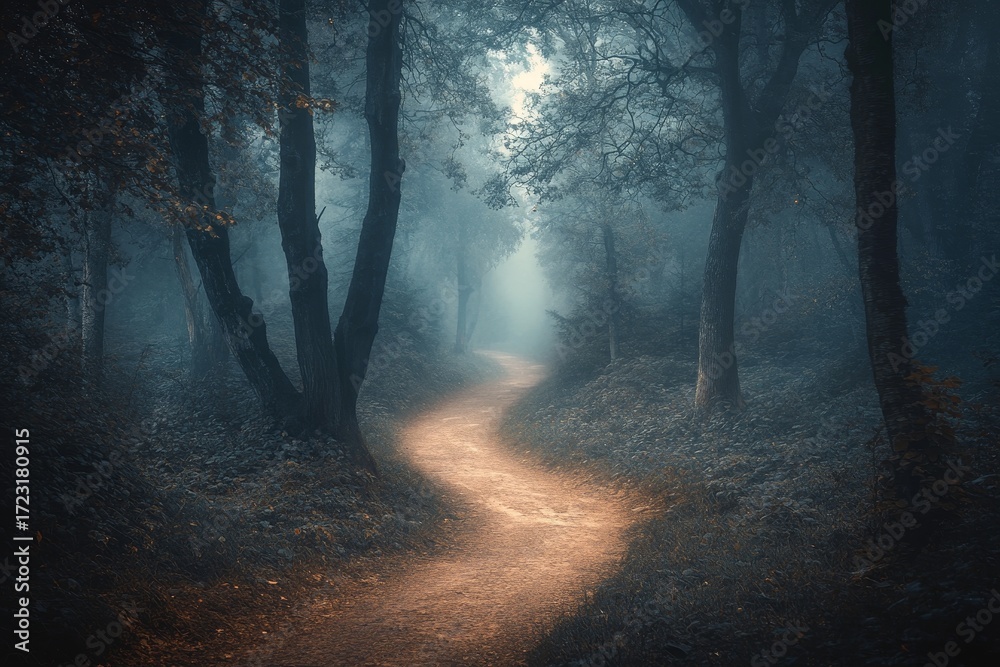 Fototapeta premium Path in a forest with trees on either side. The path is narrow and winding, and the trees are tall and dark. Scene is mysterious and eerie, as the darkness of the forest