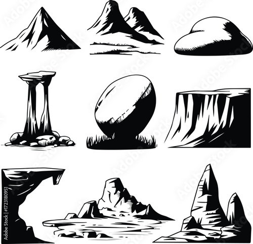 Mountain Hill and Rock Silhouette Icon Set Nature Landscape Rock and Mountain Vector Silhouettes