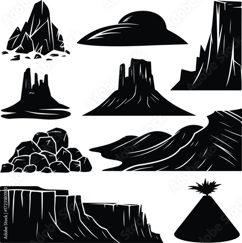 Mountain Hill and Rock Silhouette Icon Set Nature Landscape Rock and Mountain Vector Silhouettes