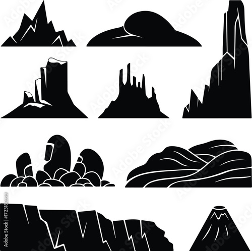 Mountain Hill and Rock Silhouette Icon Set Nature Landscape Rock and Mountain Vector Silhouettes