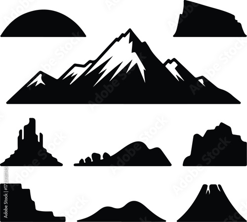 Mountain Hill and Rock Silhouette Icon Set Nature Landscape Rock and Mountain Vector Silhouettes