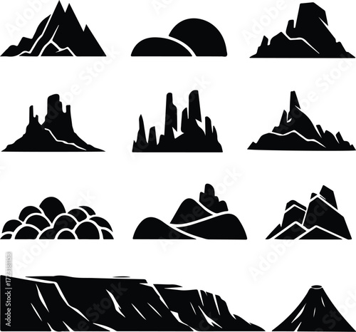 Mountain Hill and Rock Silhouette Icon Set Nature Landscape Rock and Mountain Vector Silhouettes