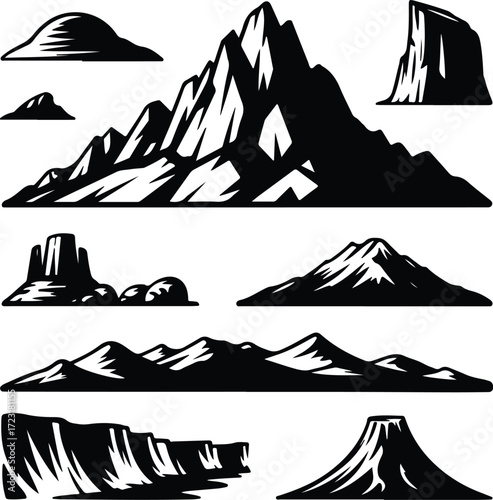 Mountain Hill and Rock Silhouette Icon Set Nature Landscape Rock and Mountain Vector Silhouettes