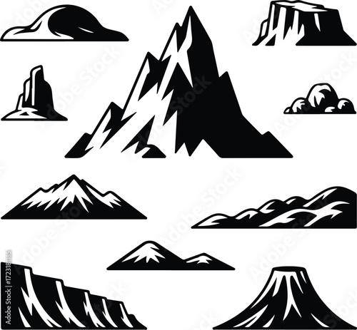 Mountain Hill and Rock Silhouette Icon Set Nature Landscape Rock and Mountain Vector Silhouettes