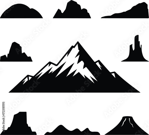 Mountain Hill and Rock Silhouette Icon Set Nature Landscape Rock and Mountain Vector Silhouettes