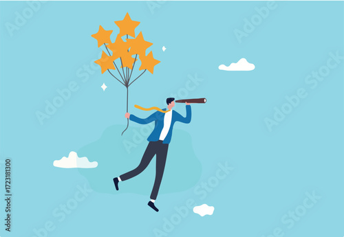 Evaluation or performance rating, reputation or customer satisfaction review, quality feedback or best service, positive stars rating, businessman flying with stars rating balloon look for future. 