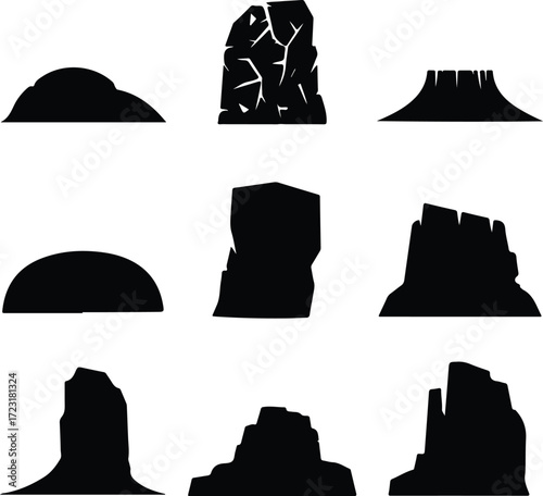 Mountain Hill and Rock Silhouette Icon Set Nature Landscape Rock and Mountain Vector Silhouettes