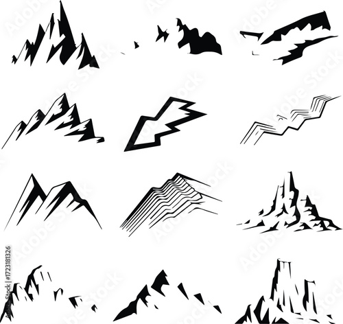Mountain Hill and Rock Silhouette Icon Set Nature Landscape Rock and Mountain Vector Silhouettes