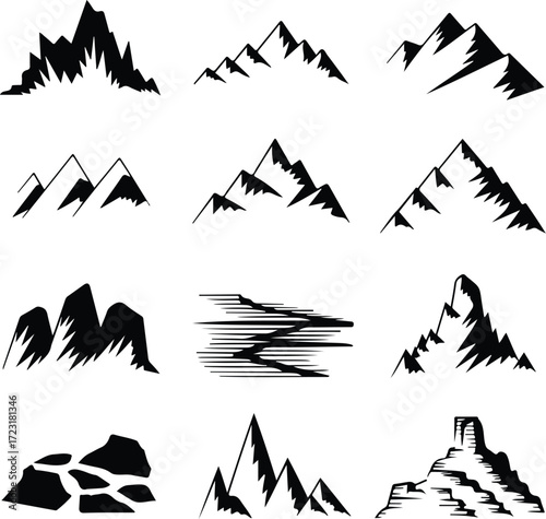 Mountain Hill and Rock Silhouette Icon Set Nature Landscape Rock and Mountain Vector Silhouettes