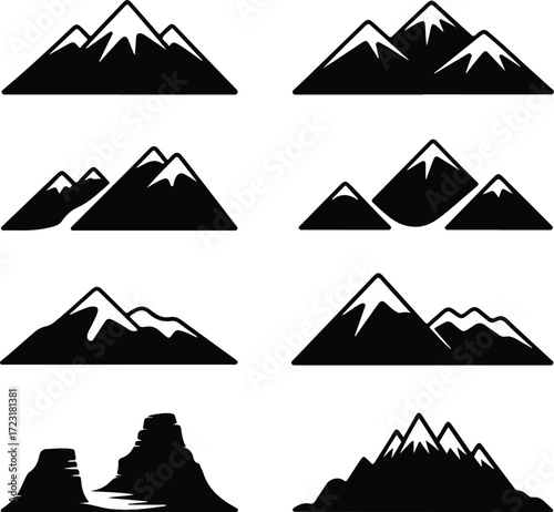Mountain Hill and Rock Silhouette Icon Set Nature Landscape Rock and Mountain Vector Silhouettes