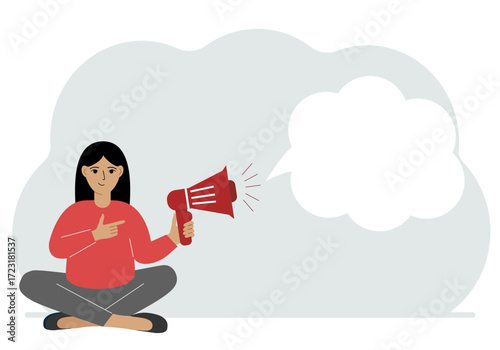 A woman with a mouthpiece in his hand sits cross-legged. From loudspeaker bubbles to accommodate text. Vector flat illustration