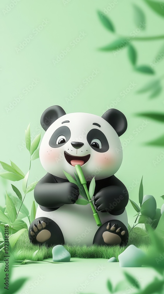 Fototapeta premium This vibrant cartoon panda happily munches on bamboo amidst a lush green backdrop, radiating joy and playfulness, perfect for kids' themes and nature illustrations.