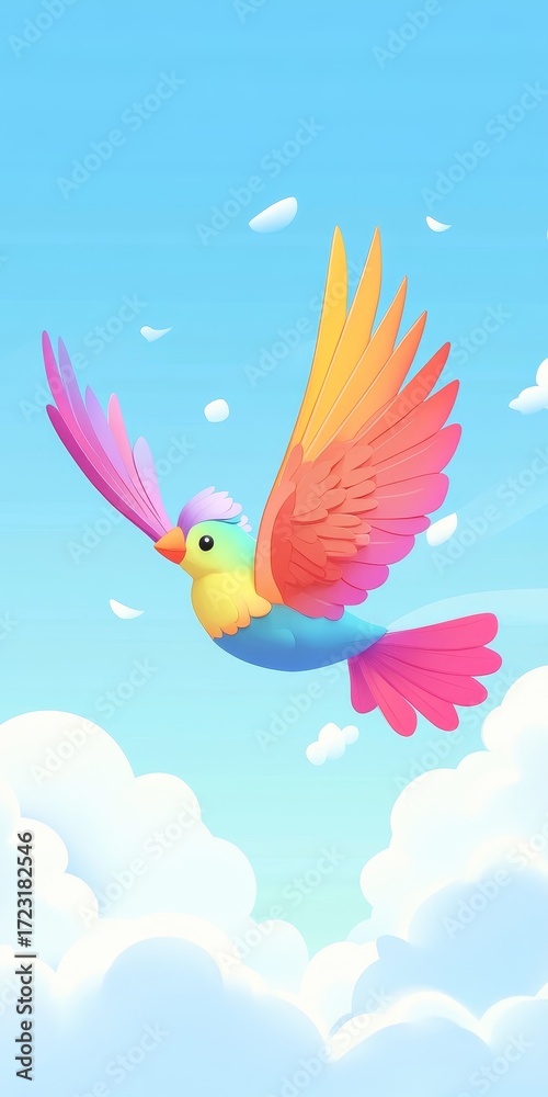 Fototapeta premium A vibrant cartoon bird with colorful feathers soars through a bright blue sky dotted with fluffy clouds, symbolizing freedom and joy.
