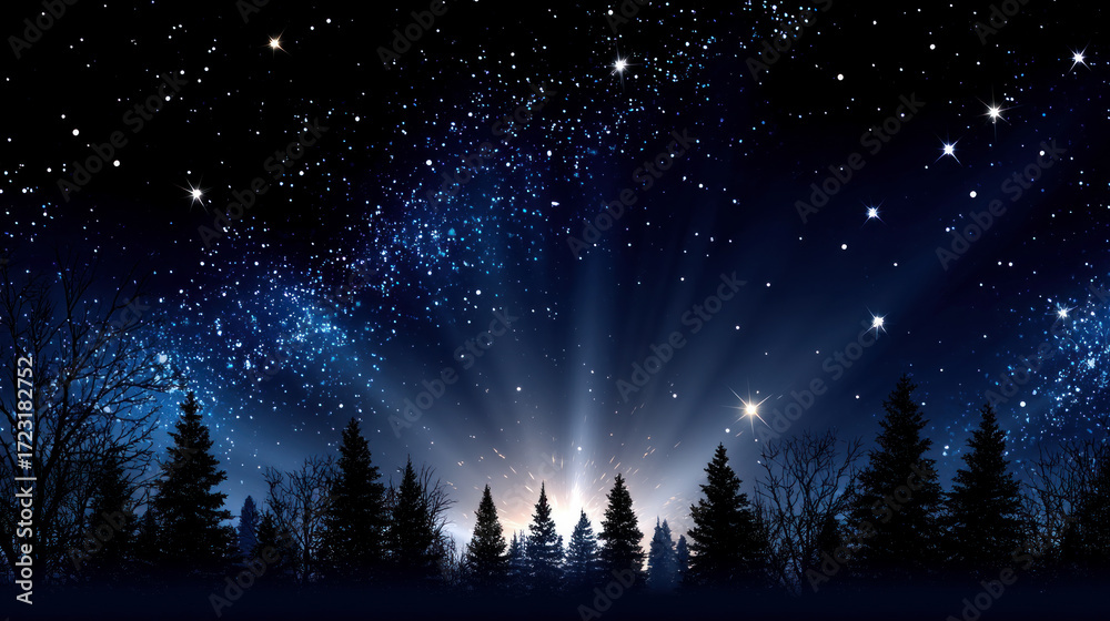 Naklejka premium A bright and snowy Christmas Eve sky with twinkling stars, space for adding text. Merry Christmas and Happy Holidays greeting card, frame, and banner. New Year. Noel. Winter Christmas theme.