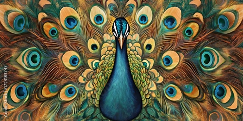 Colorful peacock with its head held high. The peacock is the main focus of the image, and its feathers are spread out in a way that makes it look like it's standing tall and proud