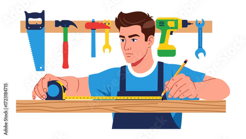 Handyman's Precise Craft: A skilled artisan, with focused determination, meticulously measures and marks a piece of wood, showcasing craftsmanship and precision. A range of tools hangs ready for use.