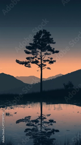 Tree stands in a lake with mountains in the background. The sky is orange and the water is calm