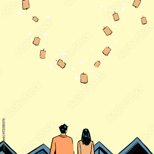 A couple watches lanterns float into the sky, symbolizing hope and dreams