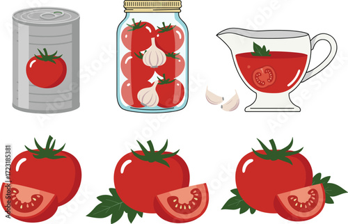 Set of tomato-based food products including a canned tomato, a jar of pickled tomatoes, and tomato sauce, representing cooking ingredients and cuisine.