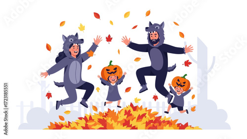 Halloween Fun: A family revels in Halloween joy, leaping amidst autumn leaves, adorned in spirited costumes. capturing the spirit of the spooky holiday.