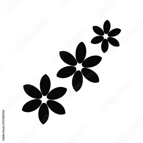 Three Simple Black Flowers Cascading from Upper Right on a White Background