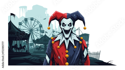 Creepy Carnival Jester :A sinister jester stands with a menacing grin in front of a creepy carnival scene, conjuring an unsettling aura.