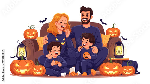 Spooky Family Portrait: A joyful family dressed in matching outfits celebrates Halloween, surrounded by carved pumpkins and festive decorations. This illustration captures the spirit of the holiday.