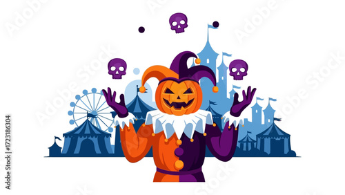 Whimsical Halloween Juggler: A Halloween-themed illustration showcases a jovial juggler adorned in a pumpkin head and playful jester attire.