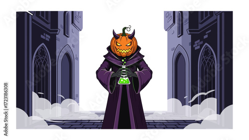 Pumpkin Head Alchemist: A whimsical digital artwork featuring a pumpkin-headed alchemist, donning a long dark robe and holding a bubbling potion in a foreboding, Gothic setting.