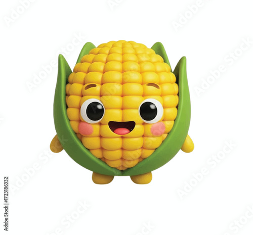 Adorable happy corn character with cheerful expression and blushing cheeks, perfect for food branding and children's content