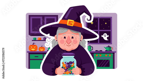 Halloween Witch with Candy: A charming witch with a pointy hat proudly holds a jar of colorful candies. This whimsical illustration captures the spirit of Halloween.