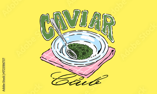 Vintage illustration of a bowl of fresh caviar. Retro Caviar Club artwork for gourmet restaurant menu, t shirt print