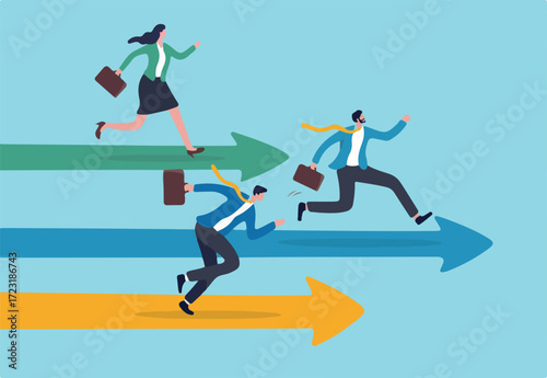 Business competition, contest or rivalry against competitors to increase sales for victory, performance compare to other employees concept, businessman and woman compete running on arrow racetrack.