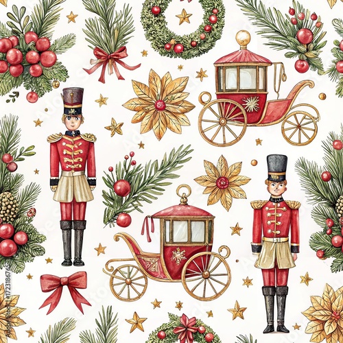 Christmas seamless pattern with nutcrackers, royal carriages, wreaths, pine branches and stars on white festive background