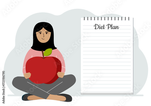Diet plan illustration. A woman sits cross-legged and holds a large red apple. The concept of diet food, meal planning, 