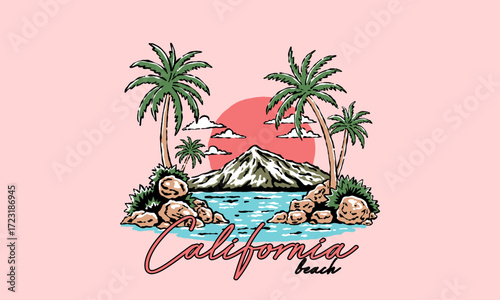  retro illustration of a California beach with palm trees. Vintage tropical artwork for a summer vacation t shirt print