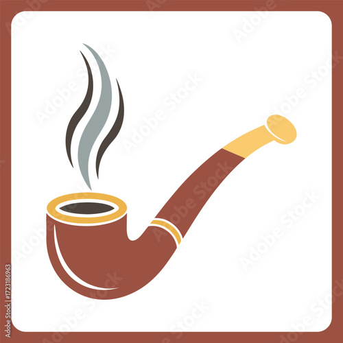 Classic brown smoking pipe with yellow accent and wisps of grey smoke on white background Keywords: pipe, smoking, tobacco, vintage, retro, classic
