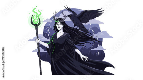 Mystic Sorceress: An evocative illustration of a mystical sorceress, conjuring arcane power with a glowing staff, accompanied by a raven against a dramatic, stormy backdrop.